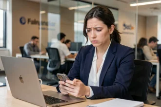 Femme professionnelle confuse en lisant un message avec emojis sur son smartphone au bureau