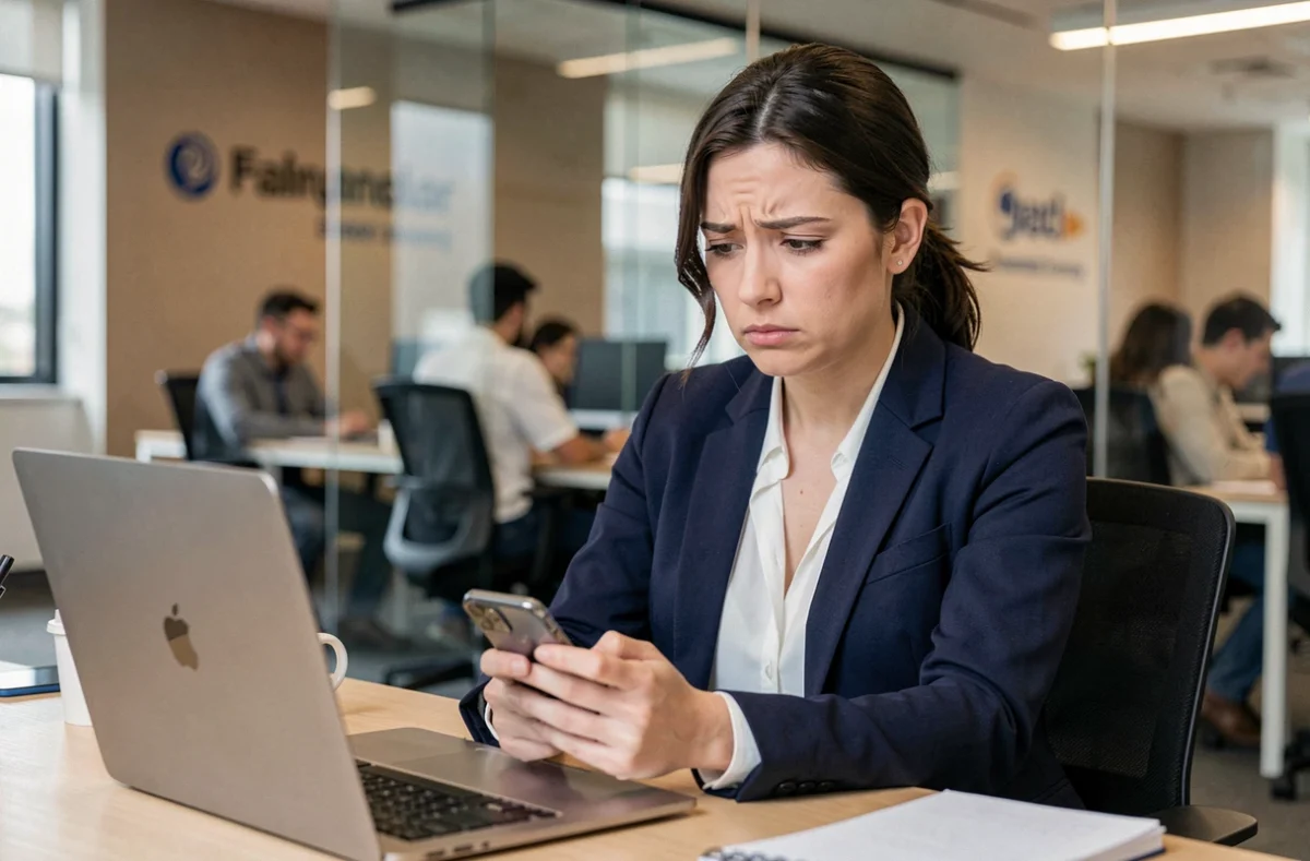 Femme professionnelle confuse en lisant un message avec emojis sur son smartphone au bureau