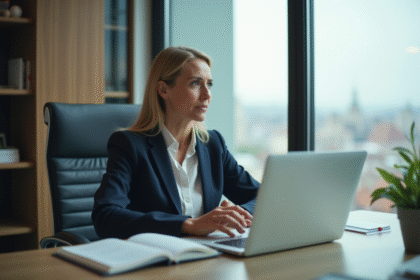 Femme d'âge moyen en tenue professionnelle dans un bureau moderne