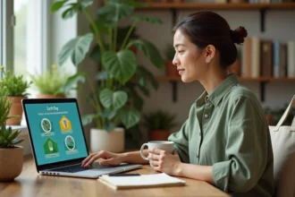 Femme consultant un quiz Google sur la journée de la Terre depuis son bureau à domicile entouré de plantes vertes