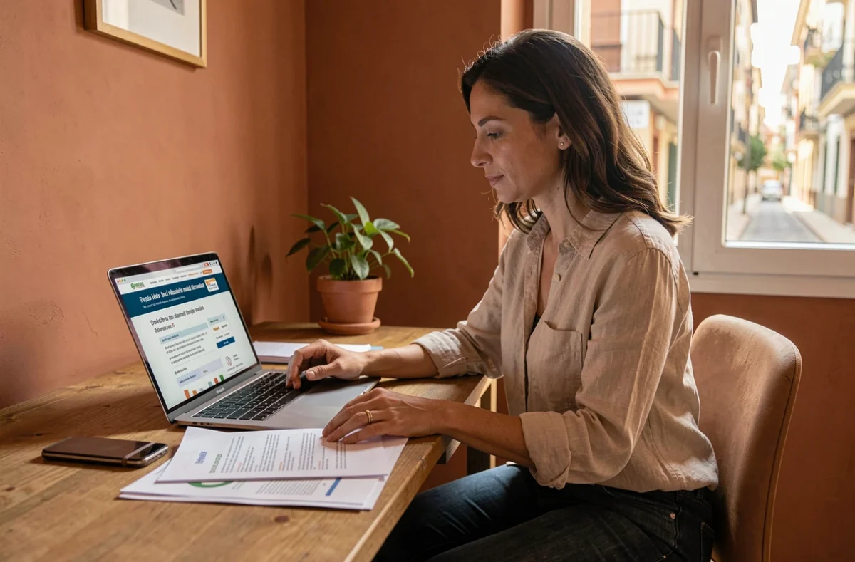 Femme consultant des documents réglementaires sur le prix des cartouches en Espagne depuis son bureau à domicile