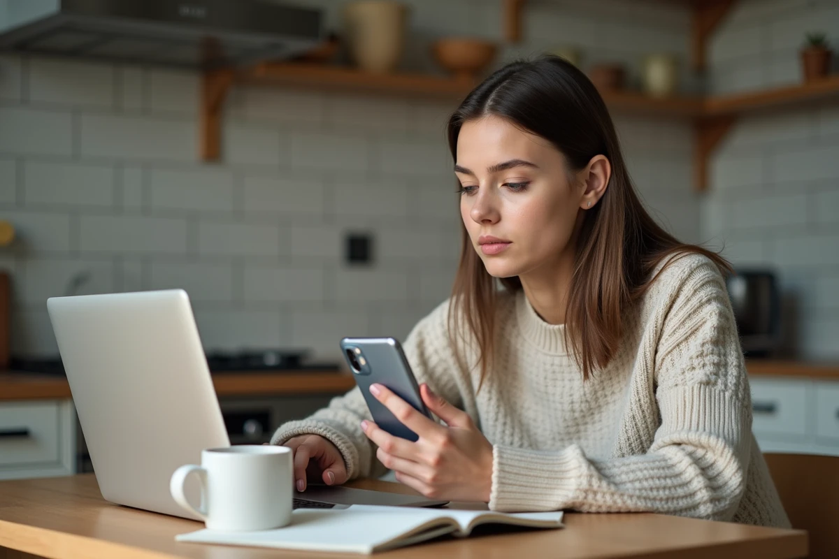 Jeune femme recherchant un téléphone vintage dans sa cuisine