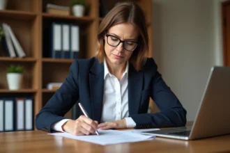 Femme rédigeant une lettre de recours administratif à son bureau à domicile