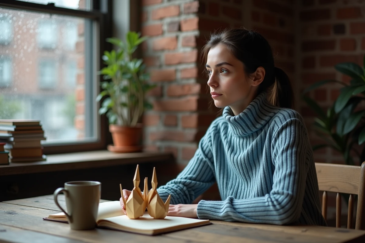 Femme pensive regardant deux figurines origami entrelacées près d'une fenêtre, symbolisant la réflexion sur la flamme jumelle et le chiffre 22 20
