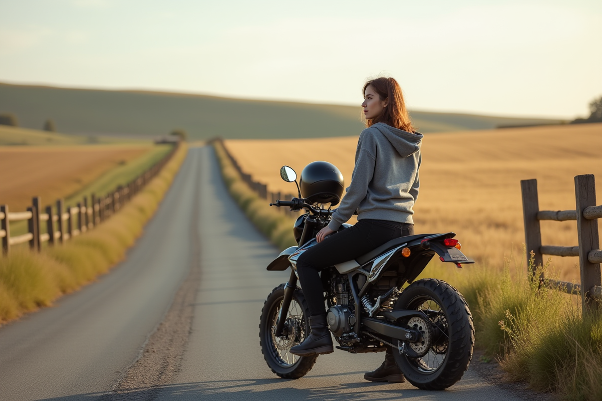 Femme en hoodie et bottes garée avec sa moto dans la campagne