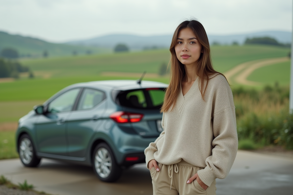 Jeune femme à côté de sa voiture dans un paysage rural