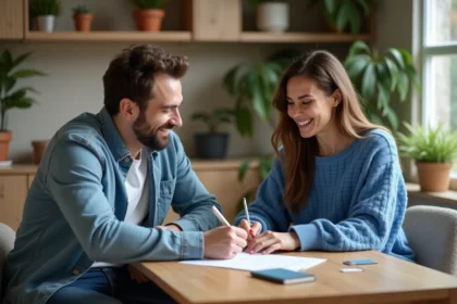 Femme souriante signant un document à la maison