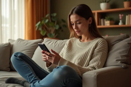 Femme trans utilisant une application de rencontre sur smartphone dans un salon moderne et cosy