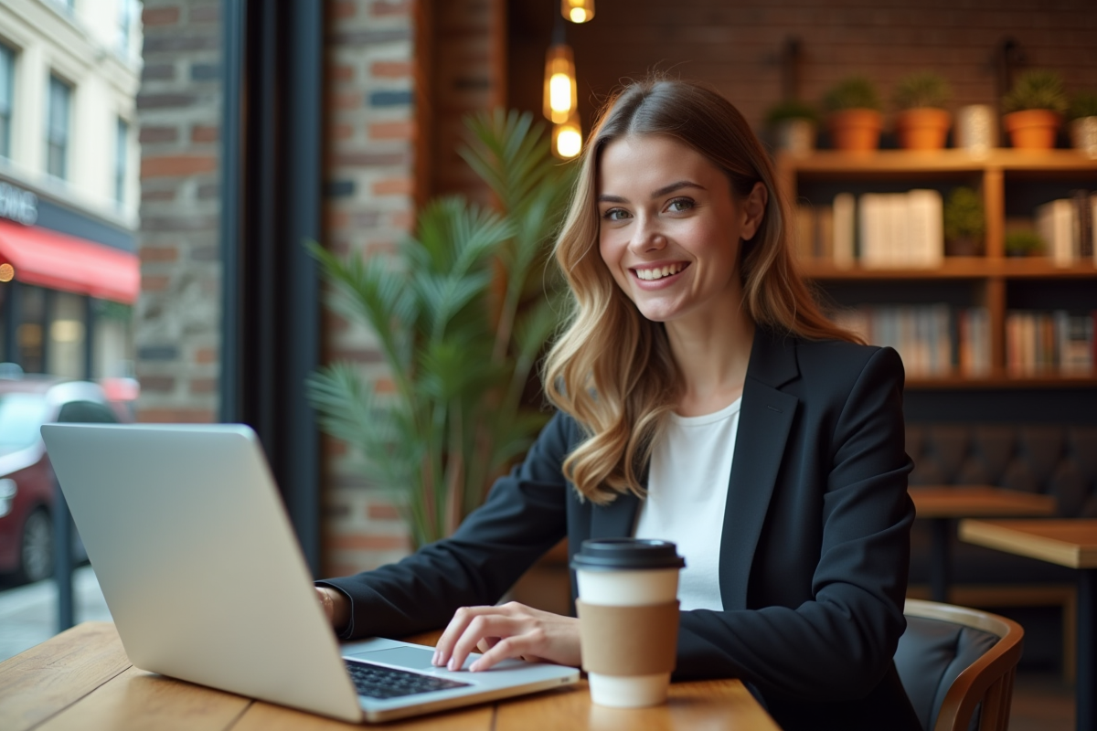 Jeune femme travaillant sur un ordinateur dans un café