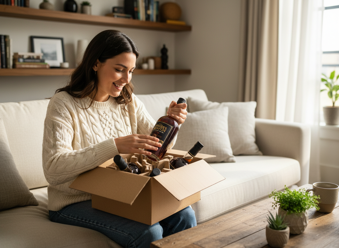 Femme déballant une bouteille de rhum chez elle