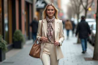 Femme élégante en blazer crème dans la ville