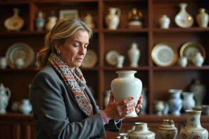 Femme concentrée examinant un vase en porcelaine dans une salle d'enchères