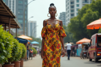 Jeune femme en robe Ankara dans la ville de Lagos
