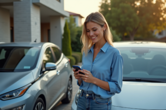 Femme souriante vérifiant son abonnement énergie près d'une voiture électrique