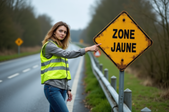 Femme pointant un panneau Zone Jaune en extérieur