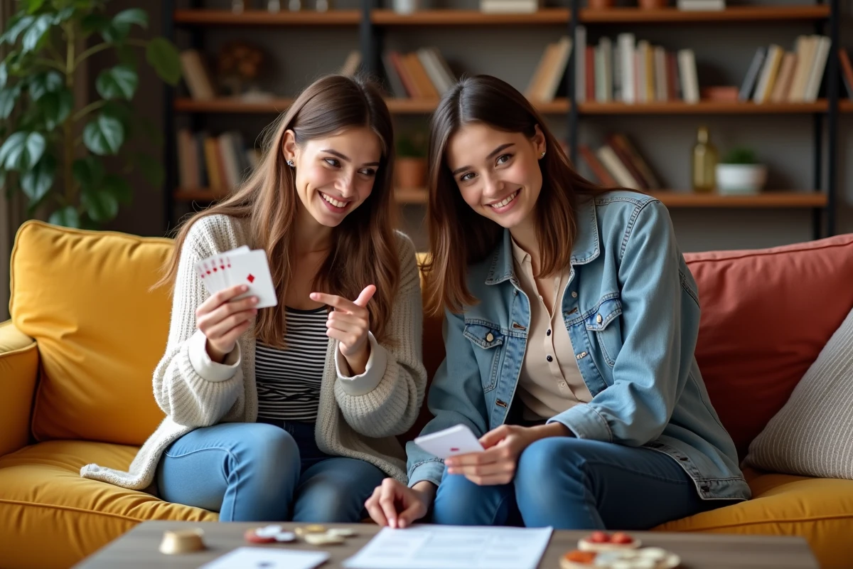 Deux jeunes femmes assises sur un canapé qui examinent les règles d'un jeu de cartes dans un salon convivial