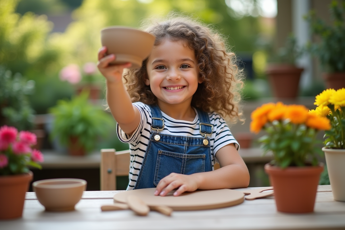 Jeune fille avec bol en argile dans un jardin ensoleille