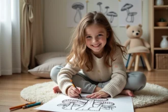 Jeune fille souriante coloriant un champignon dans sa chambre