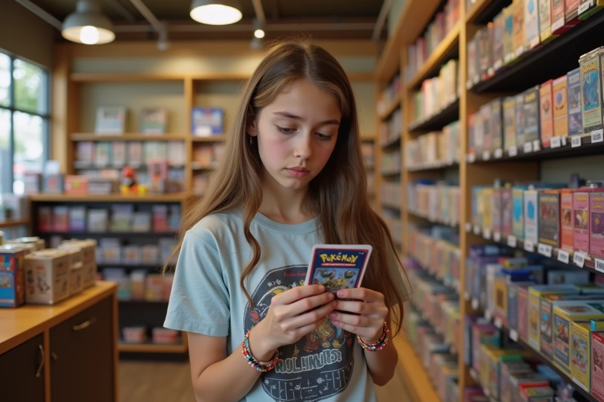 Adolescente dans une boutique de jeux de cartes Pokémon