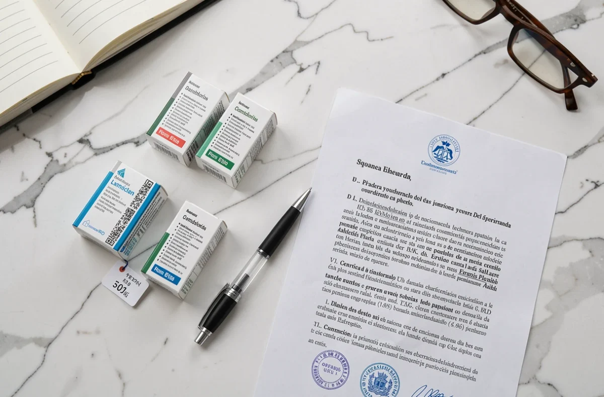 Vue aérienne de cartouches de médicaments avec étiquettes de prix et documents légaux espagnols sur marbre blanc