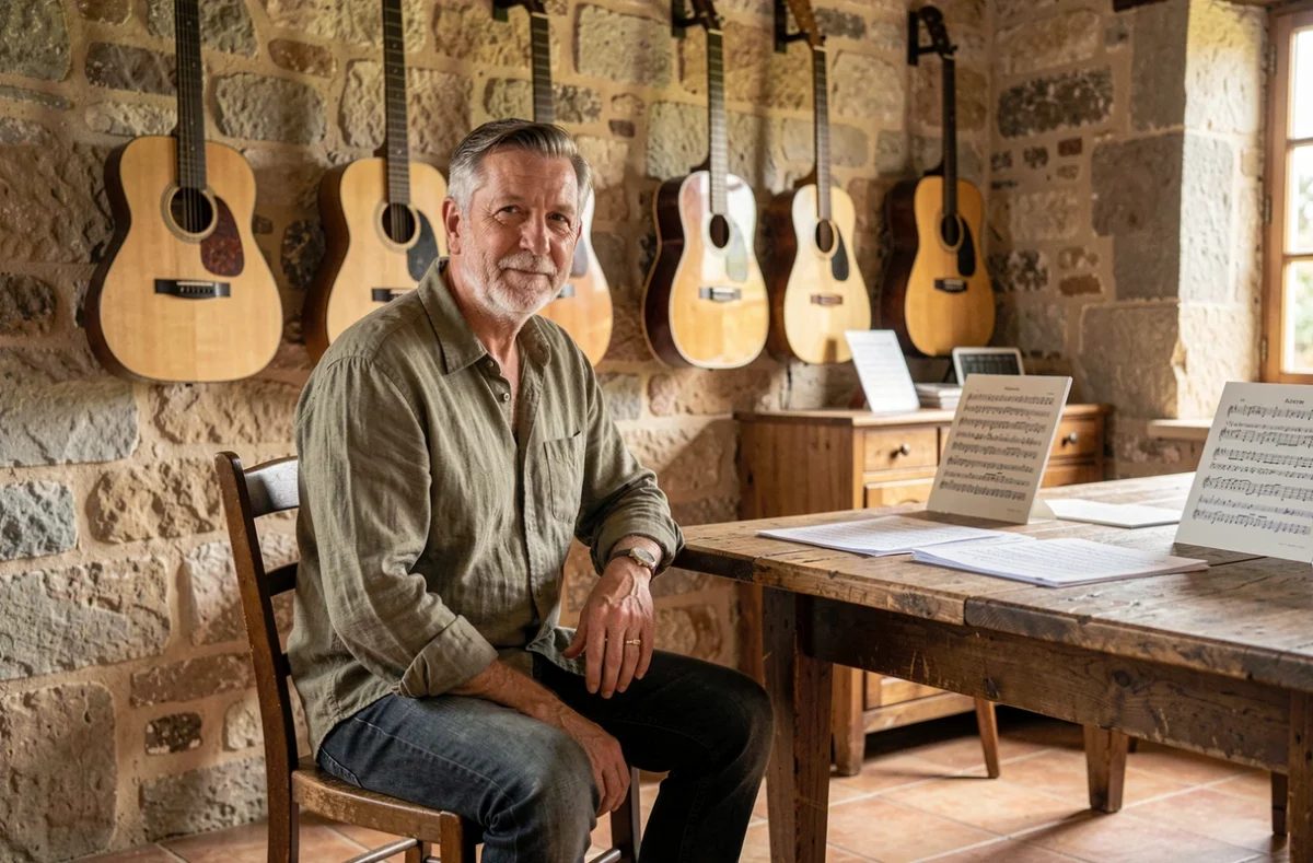 Musicien français cheveux poivre et sel assis dans une ferme provençale avec guitares acoustiques et partitions, évoquant la carrière et la vie de famille de Florent Pagny en 2026