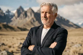 Portrait d'un chanteur français charismatique aux cheveux gris argentés en veste marine, dans un paysage naturel patagonie, illustrant santé et longévité artistique en 2026