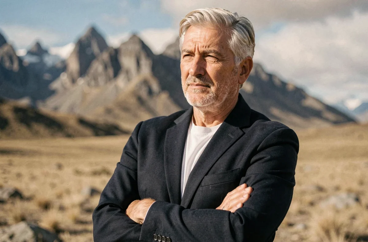 Portrait d'un chanteur français charismatique aux cheveux gris argentés en veste marine, dans un paysage naturel patagonie, illustrant santé et longévité artistique en 2026