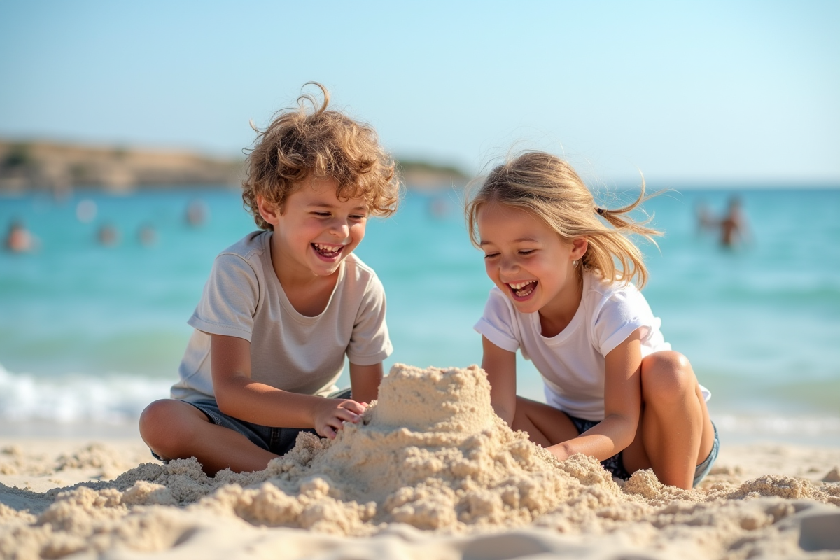 Deux enfants jouant sur la plage avec un château de sable