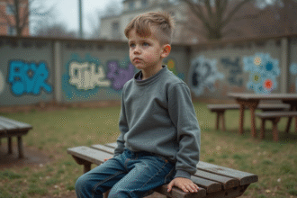 Jeune garçon seul sur un banc d'école abandonné