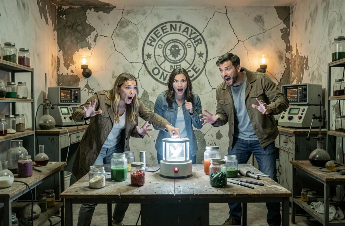 Groupe de joueurs en pleine action dans le décor fantôme et laboratoire de Ghostbusters Live Escape Game