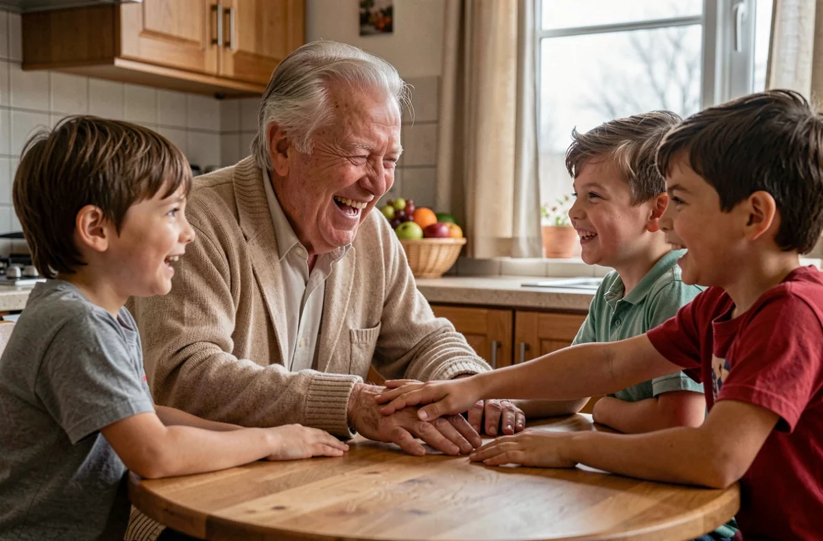 Un grand-père raconte des blagues à ses petits-enfants autour de la table de cuisine