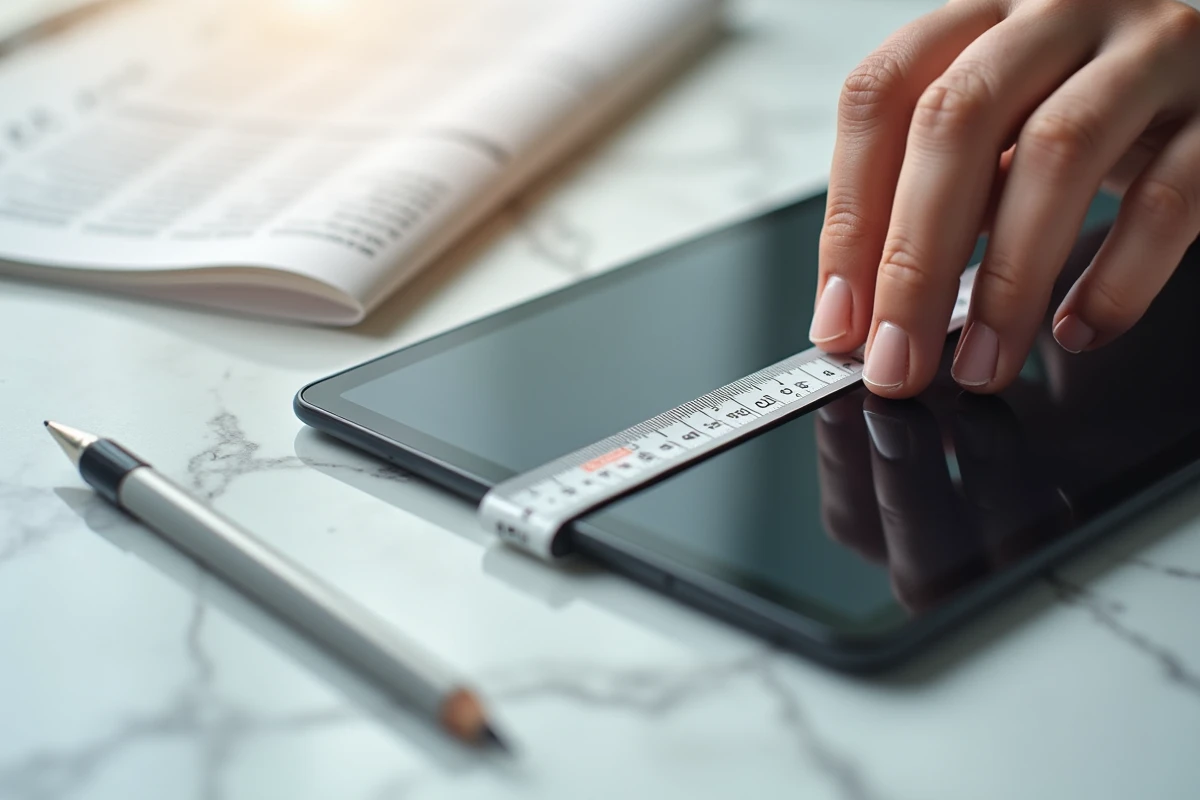 Gros plan d'une main mesurant la diagonale d'une tablette avec un ruban gradué en pouces et centimètres posé sur du marbre blanc
