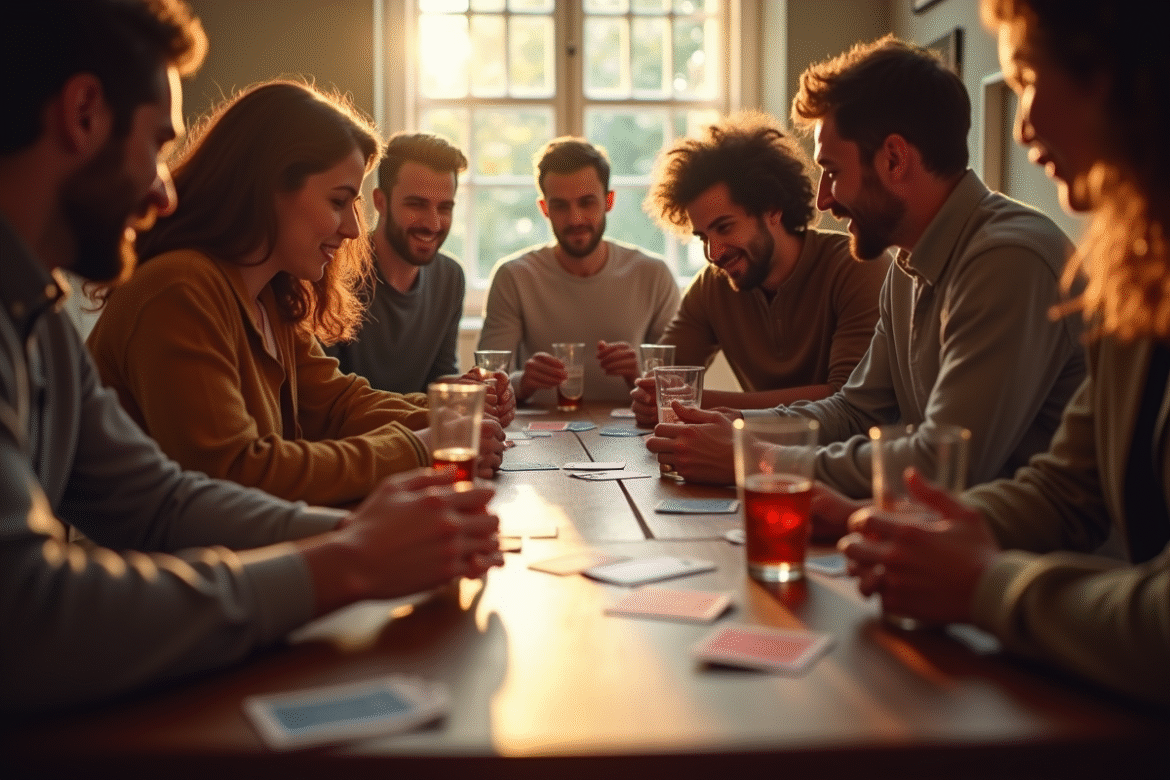 Groupe d'amis jouant aux cartes autour d'une table ensoleillée