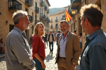 Groupe de Catalans discutant dans une place ensoleillee