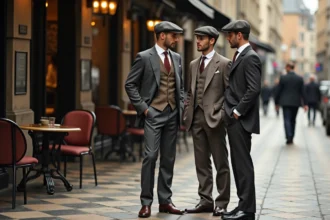 Groupe d'hommes en costumes 1920s devant un café urbain