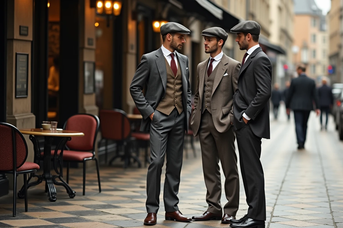Groupe d'hommes en costumes 1920s devant un café urbain