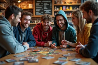 Groupe de jeunes adultes jouant à des jeux de société dans un café