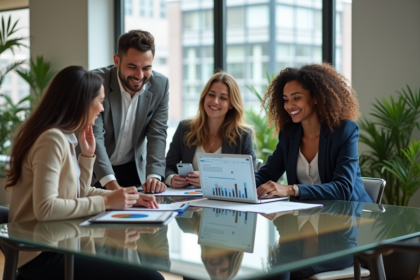 Groupe de professionnels discutant autour d'une table moderne