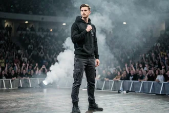 Rappeur grand et athlétique sur scène tenant un microphone, morphologie imposante mise en valeur par sa posture naturelle et son style vestimentaire sombre