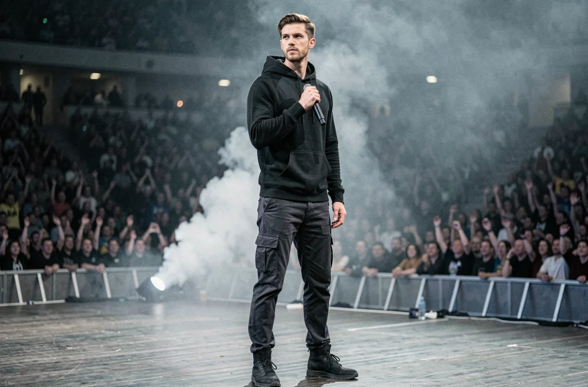 Rappeur grand et athlétique sur scène tenant un microphone, morphologie imposante mise en valeur par sa posture naturelle et son style vestimentaire sombre