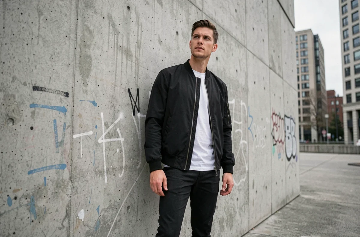 Rappeur de grande taille en bomber noir devant un mur en béton brutaliste, style urbain épuré mettant en valeur sa morphologie et sa prestance naturelle