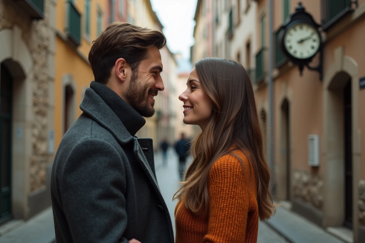 Couple complice sous une horloge de rue indiquant 12h12 dans une ville européenne, symbolisant l'amour et la synchronicité
