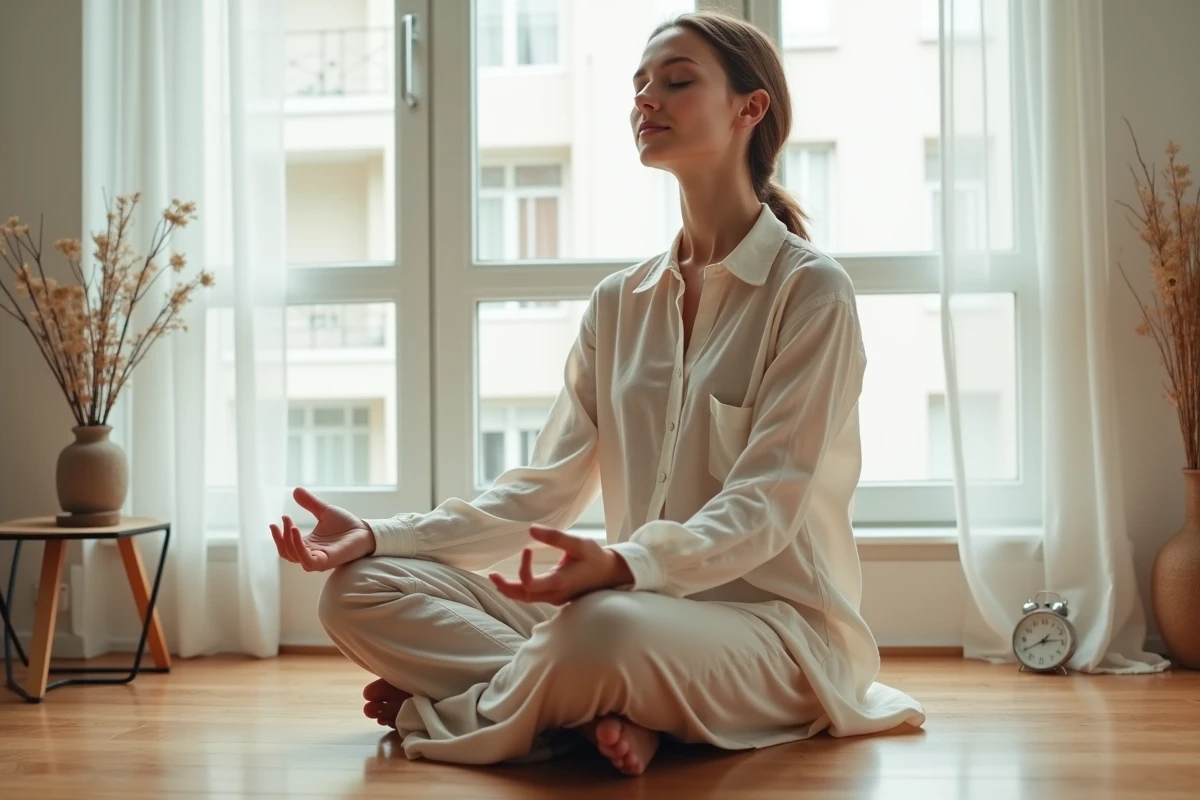 Femme méditant près d'une horloge affichant 12h12 dans un appartement minimaliste, évoquant la spiritualité et l'heure miroir