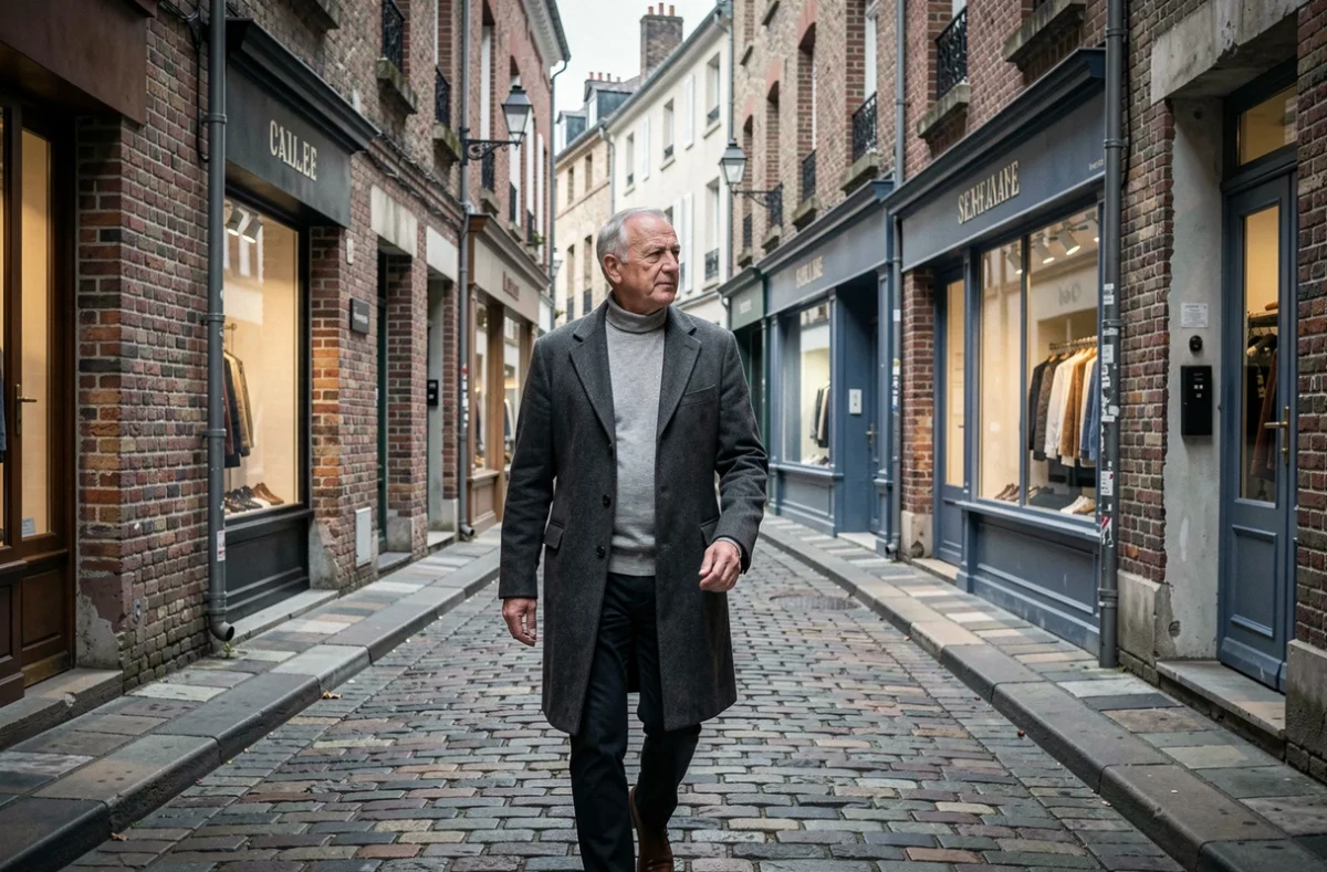 Homme senior en manteau gris marchant dans une rue pavée d'une ville du nord de la France, évoquant discrétion et présence publique assumée