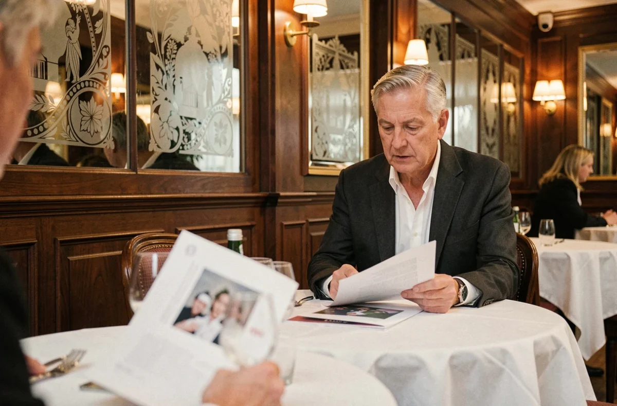 Homme d'affaires distingué consultant des documents dans une brasserie française au décor classique, symbolisant la stratégie et la discrétion calculée