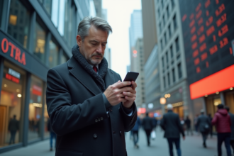 Homme d'affaires en costume dans la ville avec smartphone