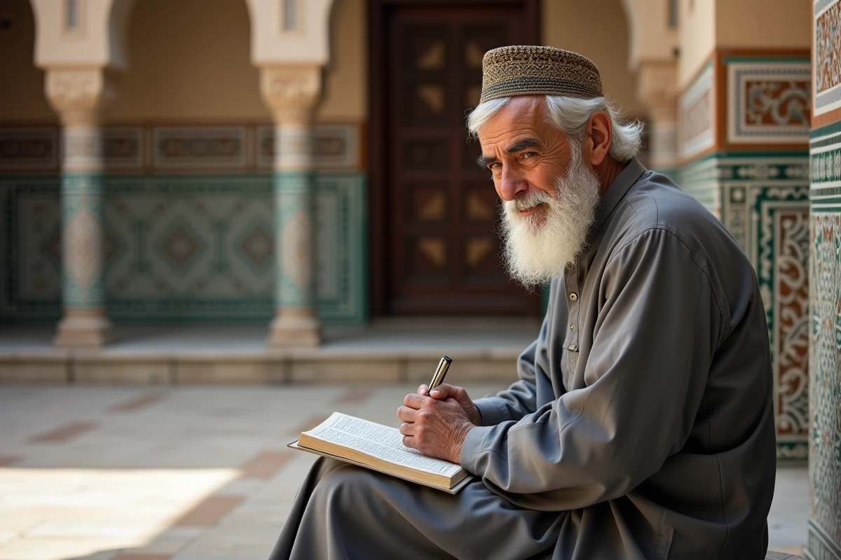 Vieil homme lisant le Coran dans une cour de mosquée, programme des Juz visible
