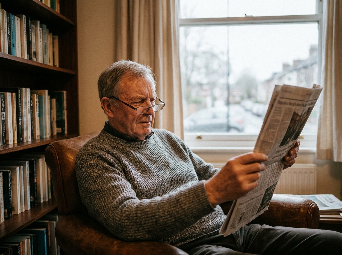 Homme âgé en difficulté visuelle lisant un journal de près dans son salon, illustrant la presbytie