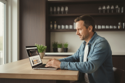 Homme en denim au bureau cuisine avec ordinateur