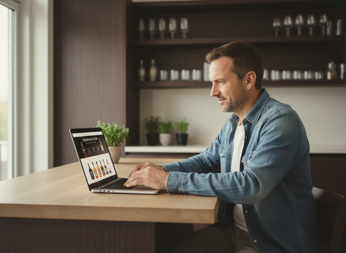 Homme en denim au bureau cuisine avec ordinateur